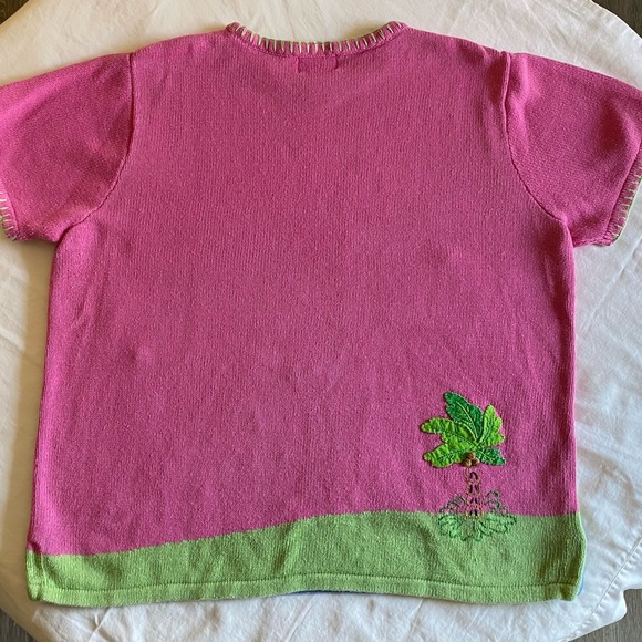 Vintage Quacker Factory 1X Pink Short-Sleeve Sweater Flamingoes w/Palm Trees - Picture 3 of 7